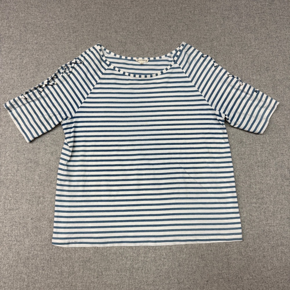 Jane and Delancey Top XL Blue White Striped Lace Up Sleeve Grommet Raglan Shirt